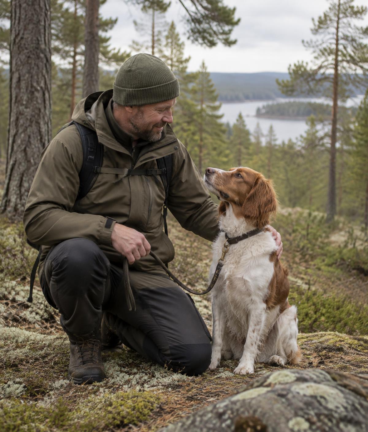 Porträttplatshållare för Ray tillsammans med en hund i skogen